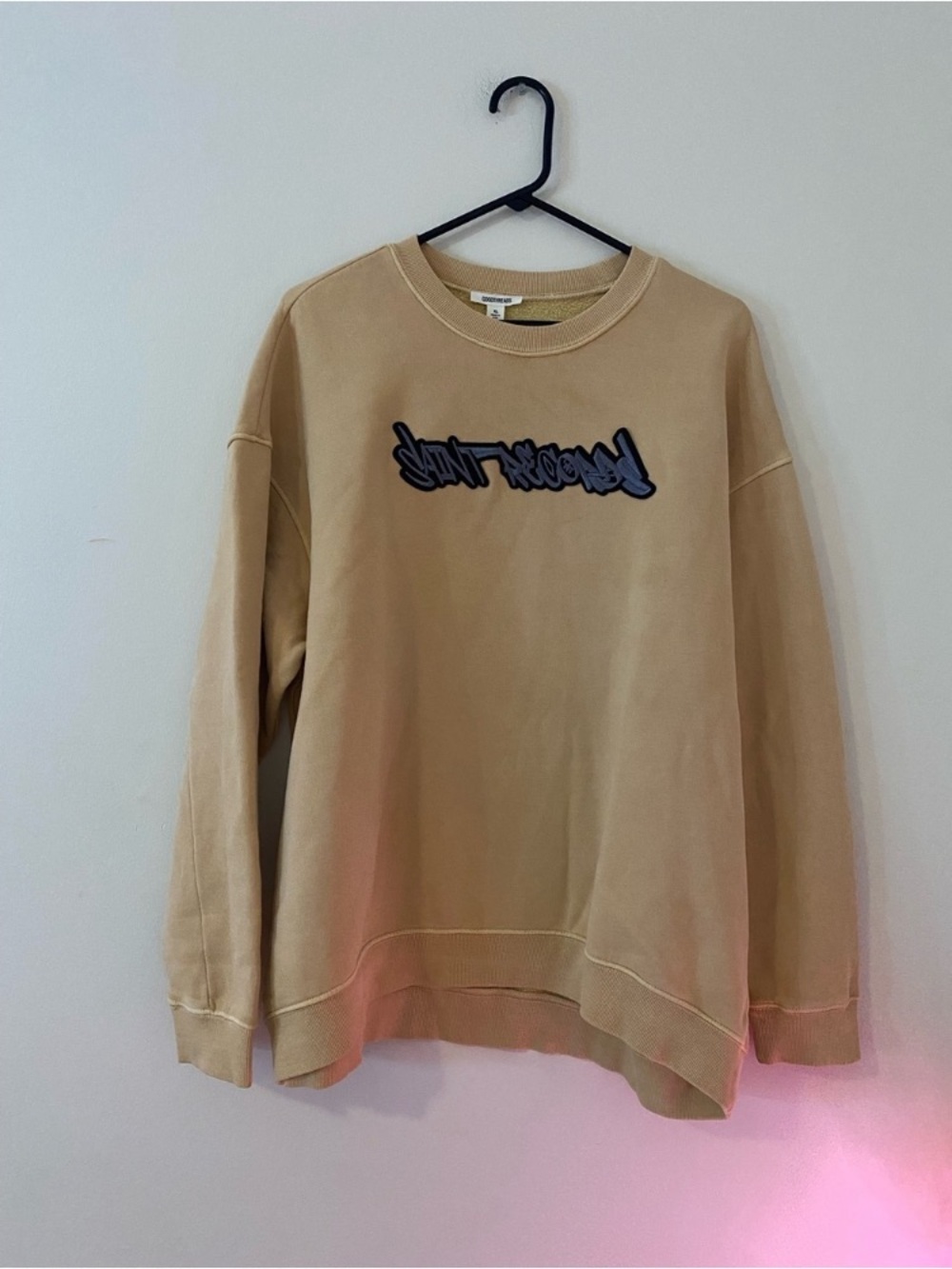 Good-threads Men's Beige Crewneck Sweater with Script Chest Embroidery XL